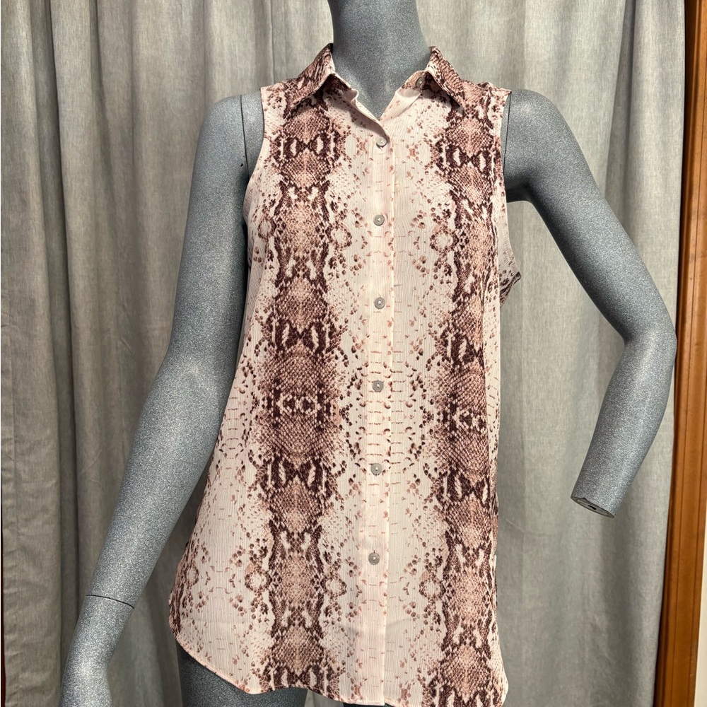 Rachel Zoe‎ Pink Sleeveless Top Snakeskin Sheer Button Up Collared Reptile Edgy